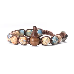 Bracelet tressé en pierre de jaspe impérial naturel et gourde en bois ethnique