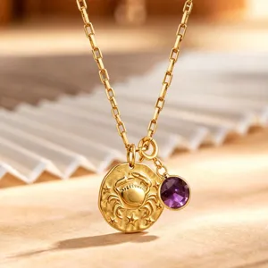 Pendentif rond pierre de naissance Cancer en acier inoxydable plaqué or 18k neuf!