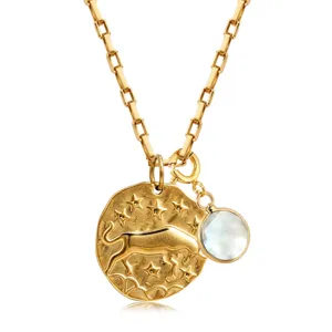 Collier pendentif médaillon zodiaque taureau en acier inoxydable doré avec charme pierre.