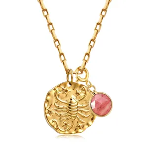 Collier pendentif zodiaque Scorpion avec pierre de naissance rose, acier inoxydable plaqué or 18k.