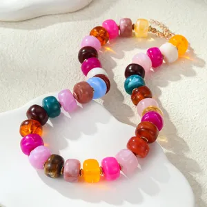 Colorful acrylic resin chunky bead statement necklace detail view, boho beach choker jewelry.