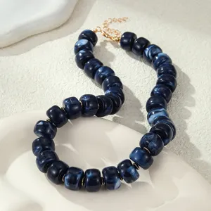 Dark blue acrylic resin chunky beaded necklace, fashion statement bohemian jewelry.