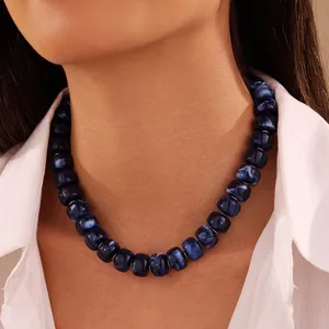 Chic blue acrylic resin bead statement choker necklace for women, stylish bohemian beach jewelry.