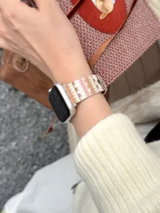 Woven stripe watch band compatible with Apple Watch, stylish autumn winter replacement strap.