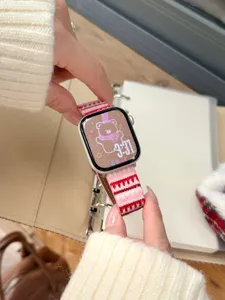 Winter knit striped watch strap replacement for smart watch cozy pink design comfortable fit
