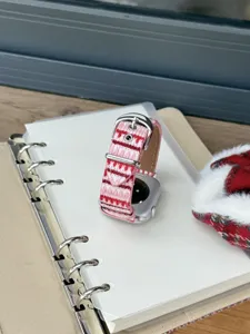 Pink red striped leather watch strap compatible with Apple watch series, stylish replacement band.