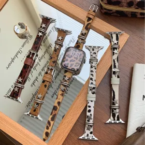 Cinturino per Orologio in Pelle di Cavallino Stampa Leopardo Ciondolo Stella in Metallo di Ricambio per Smartwatch