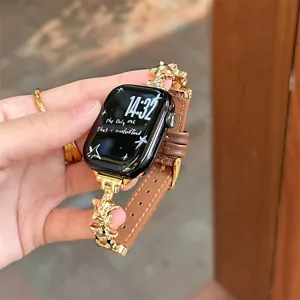 Bracelet de rechange design étoile en métal compatible Apple Watch, élégant cuir marron.