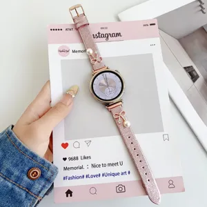 Correa de reloj brillante rosa con lazos perlas compatible reloj inteligente accesorio elegante
