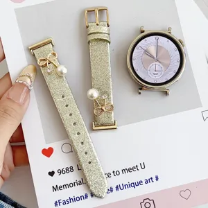 Correa de reloj con purpurina, lazo y perla, compatible con varios relojes inteligentes y elegantes.