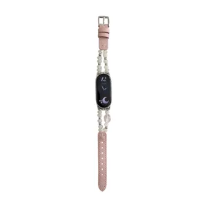 Cinturino per smartwatch in pelle rosa con perline di cristallo accessorio di ricambio.