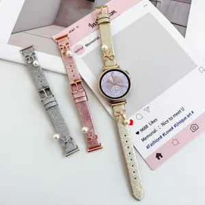 Correa De Reloj De Cuero PU Con Brillantes Lazo Perla Artificial Y Hebilla De Perno Para Reloj Inteligente