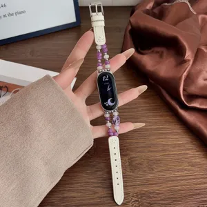 Cinturino per Orologio in Pelle con Perle di Cristallo Compatibile con Xiaomi Band Fitness