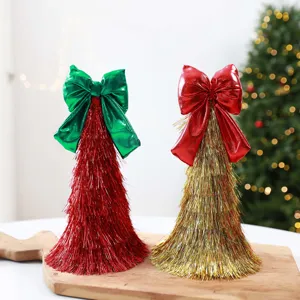 Weihnachts Lametta Baum Dekoration mit Schleifen Set, perfekte Tischfenster Festtag Deko.