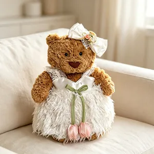 Plüsch Teddybär Puppe mit elegantem weißem Spitzenkleid und rosa Tulpen Schleife Geschenk.