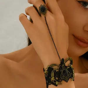 Vintage gothic black lace slave bracelet ring set, retro bronze metal finger chain for women.