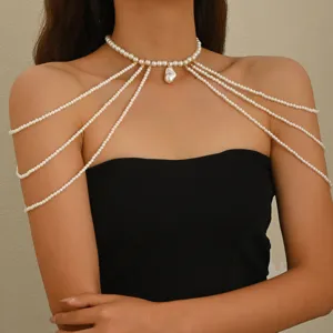 French Vintage Multi-Layer Artificial Pearl Body Chain Elegant Shoulder Chain Necklace Women Dress Jewelry
