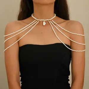 Elegant multi-layer pearl body chain necklace shoulder jewelry for women evening dress.