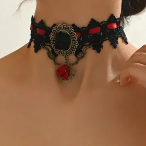 Vintage gothic black lace choker necklace with red rose pendant for women fashion jewelry