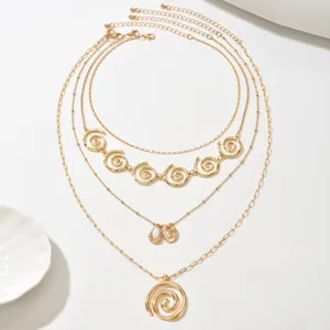 Gold multi-layer layered necklace vintage swirl pendant clavicle chain jewelry for women