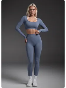 Seamless long-sleeve crop top and high-waist leggings set, breathable stretch fitness wear fabric.