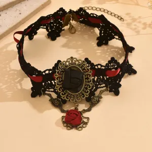 Vintage gothic black lace choker necklace with red rose pendant for women fashion jewelry.