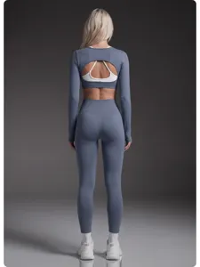 Seamless long sleeve crop top open back fitness yoga set activewear for women sports suit