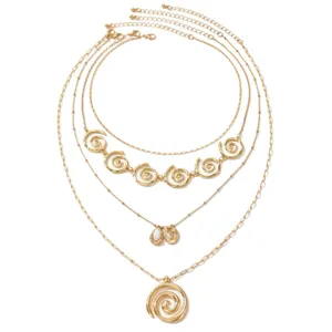 French vintage multi-layer gold necklace with spiral pendant, stylish clavicle chain for women.