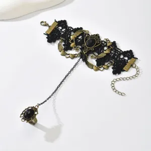 Vintage Gothic Black Lace Hand Chain Ring Slave Bracelet with Antique Bronze Metal Parts