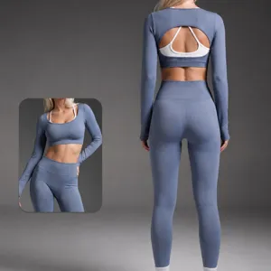 Seamless long sleeve yoga set open back activewear crop top high waist fitness gym leggings