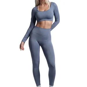 Seamless long sleeve crop top and high waist leggings yoga set for women fitness workout