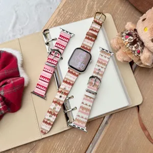 Knitted striped watch band compatible with Apple Watch, cozy autumn winter wrist strap design.