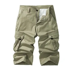 Close-up detail view of men's casual khaki cargo shorts with multi pockets and zipper fly.