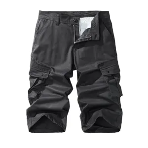 Men's dark grey casual cargo cropped pants with multi pockets, stylish and comfortable streetwear.