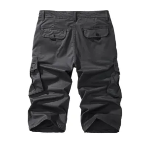 Men dark grey cargo shorts detail view, featuring multiple utility pockets and loops.
