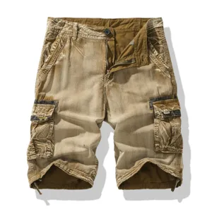 Men vintage cargo shorts multi-pocket casual distressed khaki half pants summer streetwear