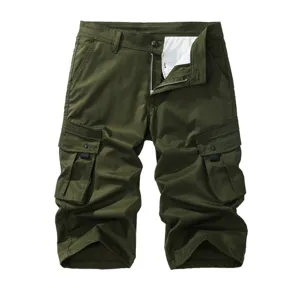 Men's solid army green cargo shorts casual multi-pocket loose capri pants summer wear