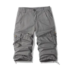 Detailed view of men's casual gray cargo shorts featuring multi-pockets and adjustable drawstrings.
