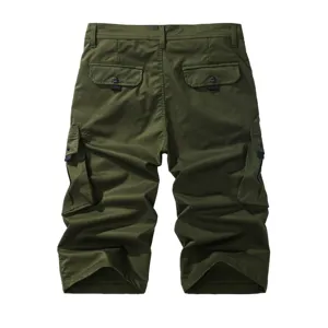 Back view detail of men cargo shorts with multiple pockets and military green fabric.