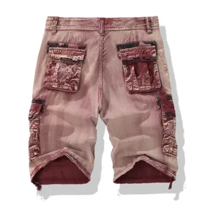 Men vintage washed cargo shorts detail view showing multi pocket design and rugged textured fabric rear.