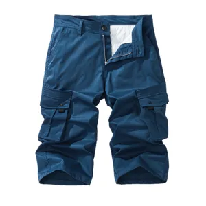 Men casual blue cargo shorts with multiple utility pockets and zip fly for daily wear.