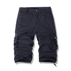 Men's casual dark blue cargo shorts detail shot, multi-pocket knee-length outdoor summer pants.