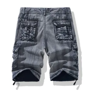Men vintage washed denim cargo shorts multi pocket retro casual streetwear five point pants