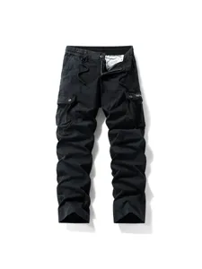 Men's stylish black cargo pants with multiple pockets, casual loose straight leg trousers.
