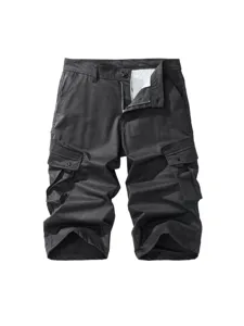 Men's Casual Cotton Blend Cargo Pants Mid Waist Drawstring Straight Cropped Trousers With Multi Pockets Summer Daily Wear
