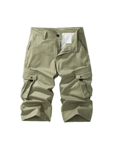 Men's casual cargo shorts solid color multi-pocket cropped trousers front view style