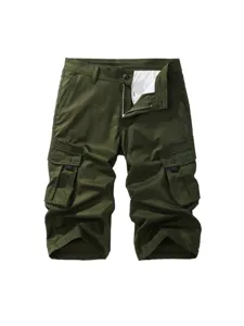 Men's solid color casual cargo shorts, army green multi-pocket outdoor cropped pants.