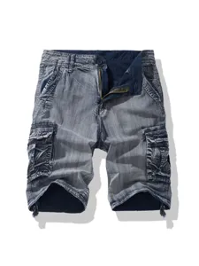 Men's vintage washed denim cargo shorts casual multi-pocket retro streetwear five-point pants