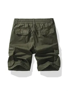 Pantaloncini cargo tattici verde scuro da uomo, design elasticizzato multi-tasche, vista posteriore.