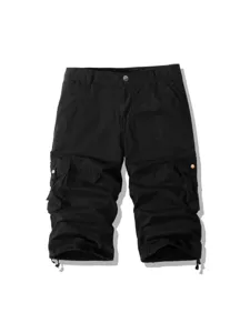 Men Casual Cotton Cargo Pants Solid Color Multi-Pocket Outdoor Sports Capri Pants Loose Fit Mid Waist Summer Trousers